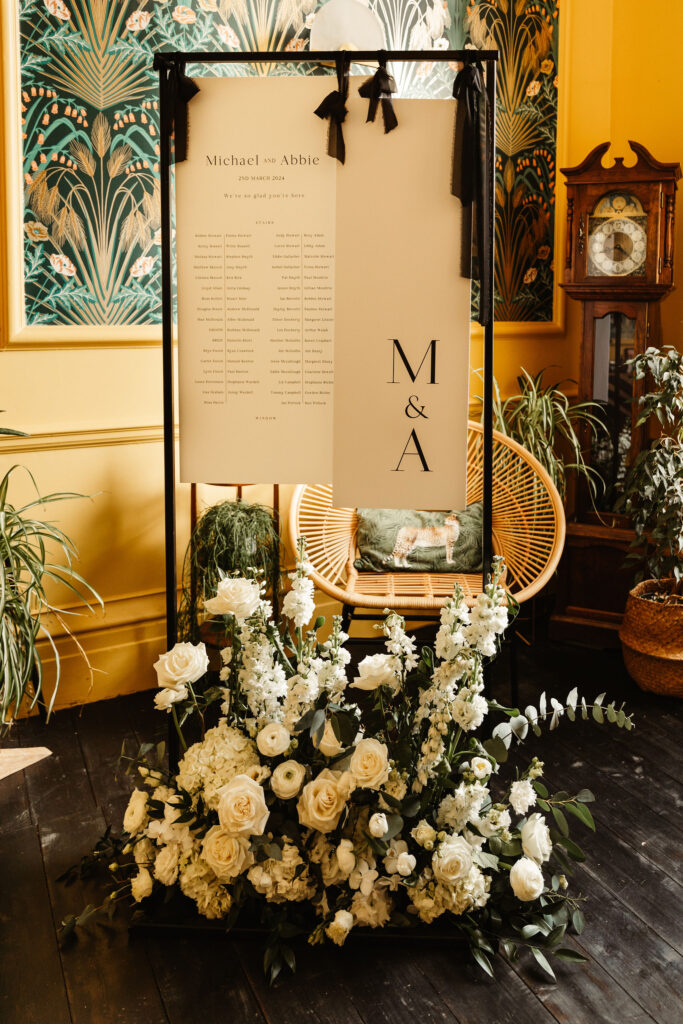 Wedding welcome sign and table plan with white floral base arrangement by Paperwhite Floral Design at Netherbyres House.